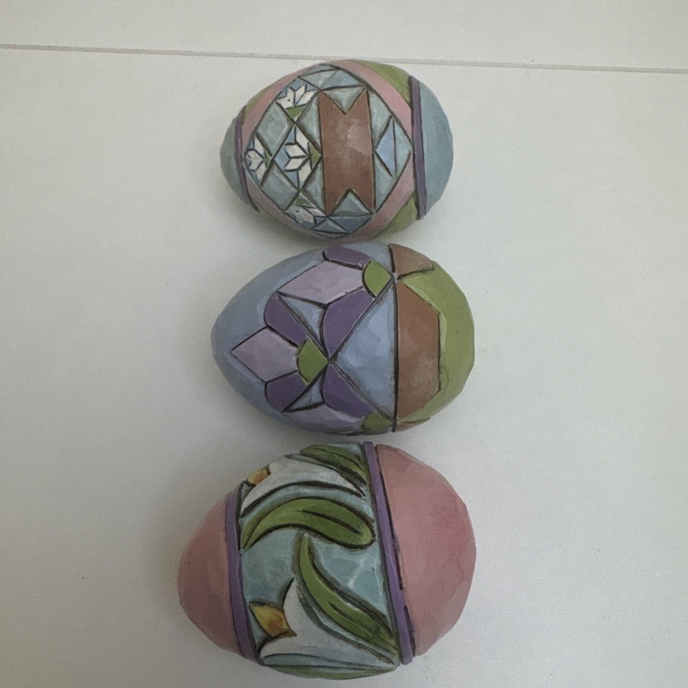 Jim Shore Easter Eggs Engraved Lot Of 3 Stone Resin Pink Purple Blue Pastels